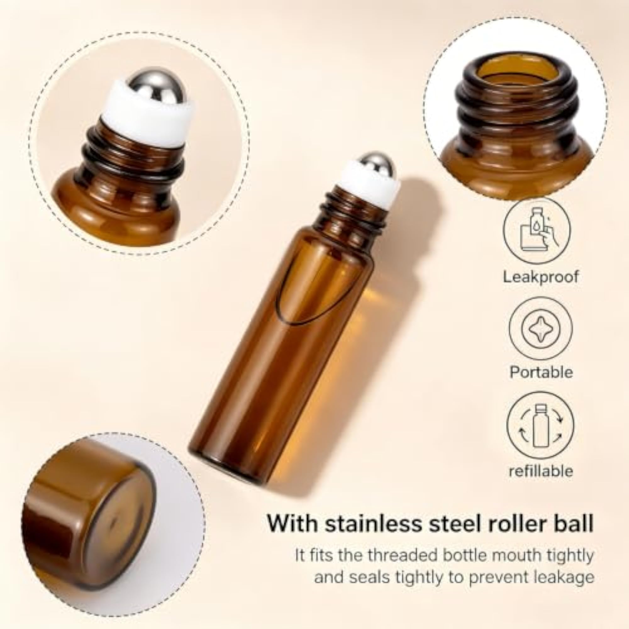 15 Pack 5ml Amber Glass Essential Oil Roller Bottles