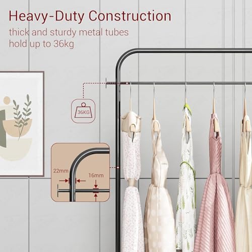 Image of Lukzer| MGR-009 | Black | Metal Clothes Rail Stand with 360 Rotating Wheels, 4 Side Hooks & Leather Storage Bin - Space-Saving Garment Organizer for Bedroom, Closet, Laundry & Dorm (171 x 75 x 35 cm)