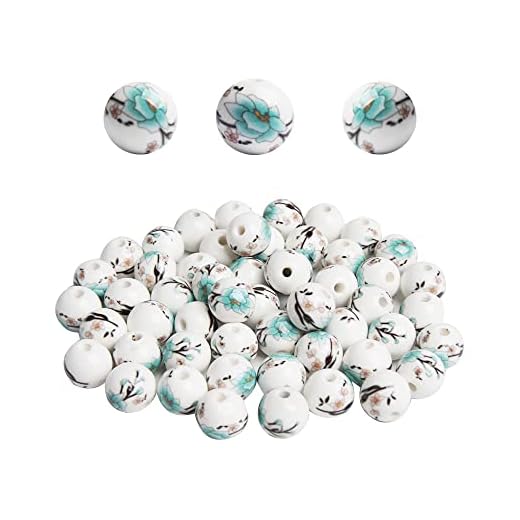 Acxico 50 contas de cerâmica de 10 mm com padrão de lótus azul celeste, contas redondas para fabricação de joias ou artesanato DIY