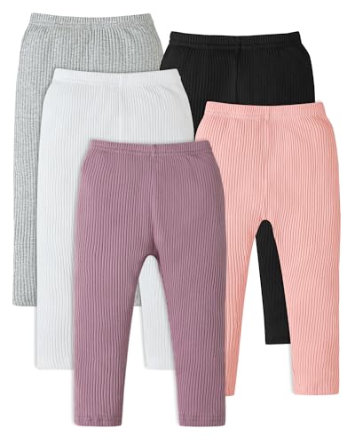 5 Pack Baby Girl Pants: Infant Solid Ribbed Pants Soft Cotton Pull On Leggings for Toddler 0-48 Months