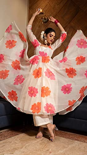 GoSriKi Women's Chanderi Cotton Flowers Printed Anarkali Kurta and Pant with Dupatta Set