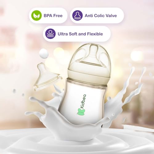 Kidbea® Natural Baby Feeding Bottle 150 ML | Wide Neck, Soft Silicone Nipple, BPA-Free, Leak-Proof, Ideal for Newborn & Infant Babies (Pack of 2)