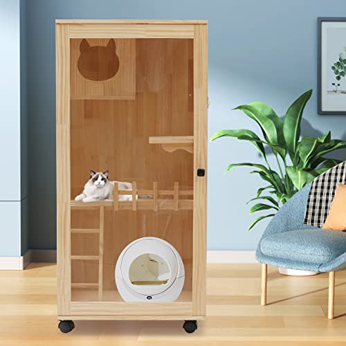 Large Wooden Cat Luxury House Cat Enclosures Oversized Cat Cage Cat Villa with Enter Door Platforms Kitty Cat Cage Condo with Wheels for Outdoor and Indoor(23.62 * 23.62 * 47.24Inch)