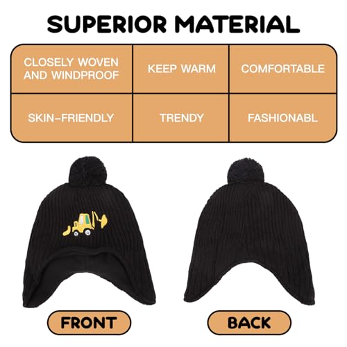Toddler Winter Hat Baby Beanie with Earflap Warm Fleece Lined Embroidery Excavator Hats for Boys Kids2