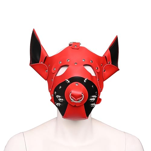 QUYUWOWO Puppy Full Face Mask Steampunk Dog Hood with Ears for Halloween (Red)