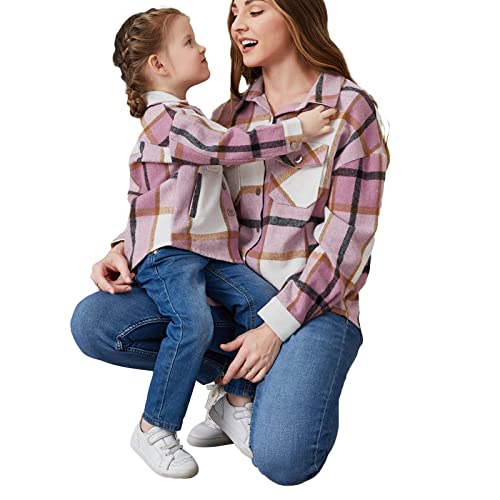 Family Matching Girl 'S Women 'S Flannel Plaid Jacket Shacket Long Sleeve Button Down Casual Checked Shirts Coats Outfits (Pink Kid , 8-9 Years ) #TOP4