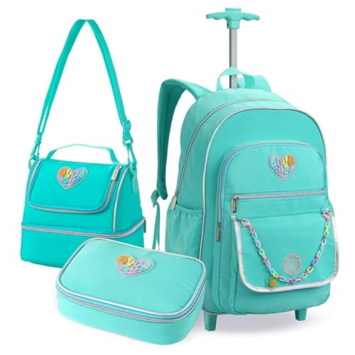 Kit Mochila Escolar com Rodas e Estojo Box Lancheira Azul Colorido Material Aula Fofo Lápis Caneta