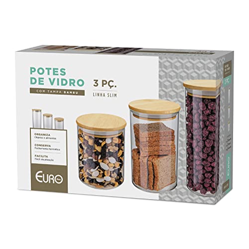 Conjunto com 3 Potes de Vidro transparente Slim com tampa Bambu, VDR6804-3, Euro Home