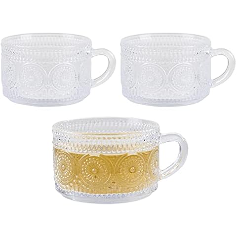 Embossed Glass Drinking Tea and Coffee Cups for Hot and Cold Drinks with Handle, 325ml (Set of 3) Cover