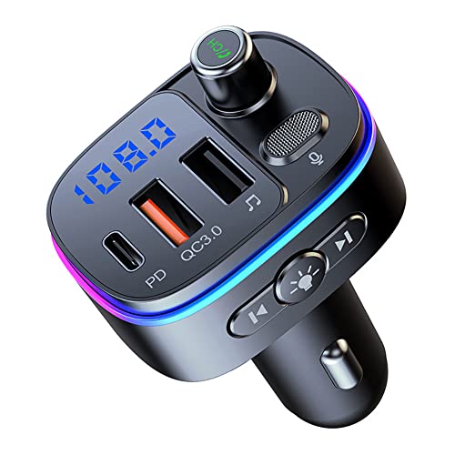 Bluetooth FM Transmitter for Car, Car Radio Bluetooth Adapter with QC3.0 & PD 18W Type C USB Charger Noise Cancellation Supports Siri Google Assistant