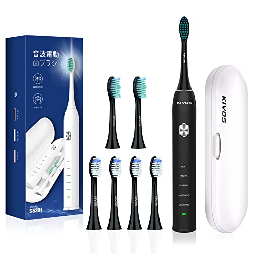 電動歯ブラシ KiVOS 超音波歯ブラシ ソニック 6本替えブラシ トラベルケース付き USB充電式 IPX7防水 5モード 歯ブラシ磨き 低ノイズ ブッラク S5302