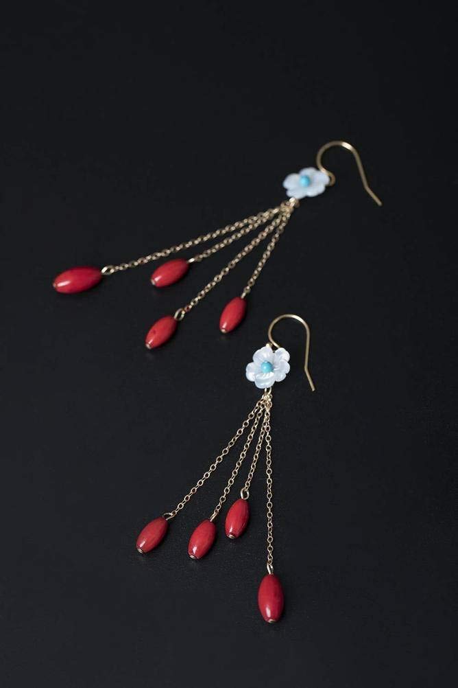 Kolczyki dla dziewcząt, Kobiet Drop Studs ręcznie robiony kreatywny design 14K Naturalna skorupa Linia Ucha Czerwona fasolka Tassel Long Colringsco