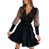 Kleider Damen Elegant V-Ausschnitt Sommerkleid Lässige Mesh Lange Ärmel Cocktailkleid Fashion Strandkleid Leicht Luftig Sommerkleid Partykleid Tunika Kleider Vintage Damen Kleide