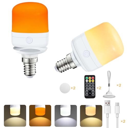 Pulsky 2 St E14 Led-Lampor, Typ C Uppladdningsbara Batterilampor Med 4 Färger, Fjärrstyrd Glödlampa Med Dimbar Timer, Nyckelband Nödlampa Lämplig För Camping Och Inomhus