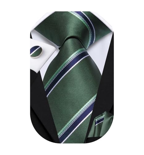Image of Dubulle Mens Paisley Blue Green Striped Tie and Handkerchief Cufflinks Tie Set for Men Wedding Business Formal