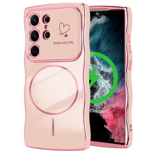 Coqinen Magnétique Coque pour Samsung Galaxy S22 Ultra, Compatible avec MagSafe, Étui Housse Silicone Vague Bouclée Ondulées Coeur Motif avec Galvanisé TPU Cadre, Rose