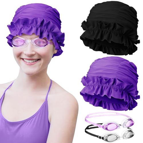 Kingdder 4 Pcs Swimming Goggles and Cap Women Adult Set 2 Waterproof Elastic Swim Caps Nylon Cloth Swim Hat Turban with Ruffled Edges 2 Anti Fog Swimming Goggles for Women