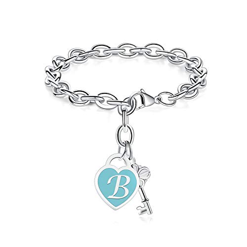 TONY & SANDY Initial Bracelets Heart Engraved 26 Letters Charms Bracelet Stainless Steel Silver Alphabet Bracelet with Cute Key Birthday Christmas Jewelry Gift for Women Teen Girls (B)