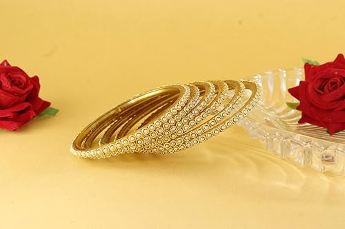 Image of NMII Glass Golden Beads & Pearls Moti Work Designer Bangles Set For Women & Girls | Kanch ki Chudi Set | Girl's Bangles Bracelet | Glass Bangles | Daily, Wedding, Party, Fashion Jewellery- Set of 12