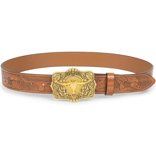 Image of UTOWO Rodeo Western-Longhorn-Bull Cowboy-Belt for Women-Men Bull-Floral-Embossed PU-Leather Cowgirl Waist Belt for Jeans
