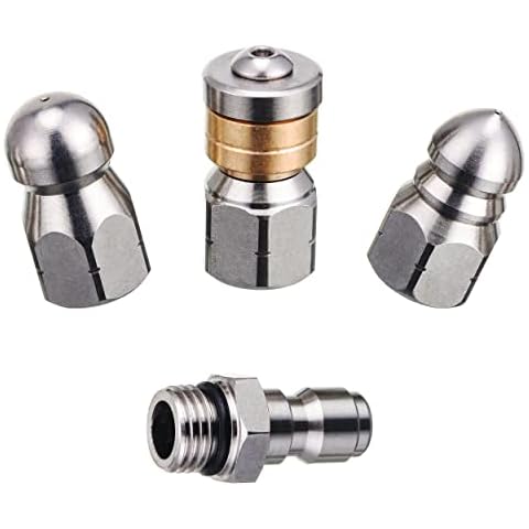 PWACCS Sewer Jetter Nozzle for Pressure Washer, Stainless Steel Drain Cleaning Tips for Power Washer, 3 Pieces, Button Nose Jet Nozzle, Rotating Flat Jetting Nozzle and Drain Jet Hose Nozzle, 5000 PSI Cover