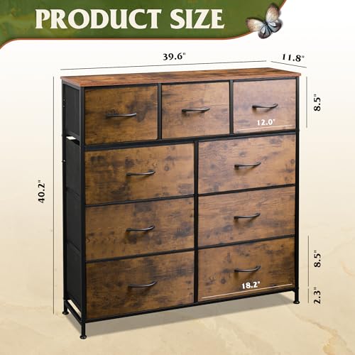 WLIVE 9-Drawer Dresser, Fabric Storage Tower for Bedroom, Hallway, Closet, Tall Chest Organizer Unit with Fabric Bins, Steel Frame, Wood Top, Easy Pull Handle, Rustic Brown Wood Grain Print - Image 4