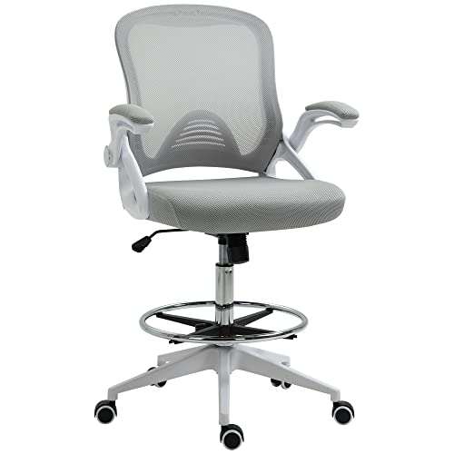 Vinsetto Fauteuil de Bureau Chaise de Bureau Assise Haute réglable dim. 64L x 60l x 106-126H cm Tabouret de Bureau pivotant 360° Maille Respirante Gris et Blanc