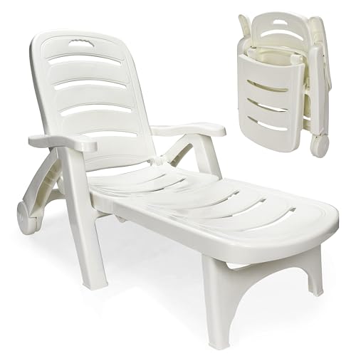 Wild Wolf Outfitters Outdoor Folding Lounge Chair - Adjustable Lightweight Chaise Pool Chairs - Plastic Chairs for Patio, Lawn, Deck or Beach- Outdoor Furniture - White, Chaise Lounge Outdoor