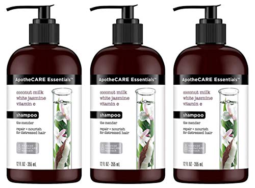 ApotheCARE Essentials Shampoo - The Mender - Coconut Milk, White Jasmine, Vitamin E - Net Wt. 12 FL OZ (355 mL) Per Bottle - Pack of 3 Bottles