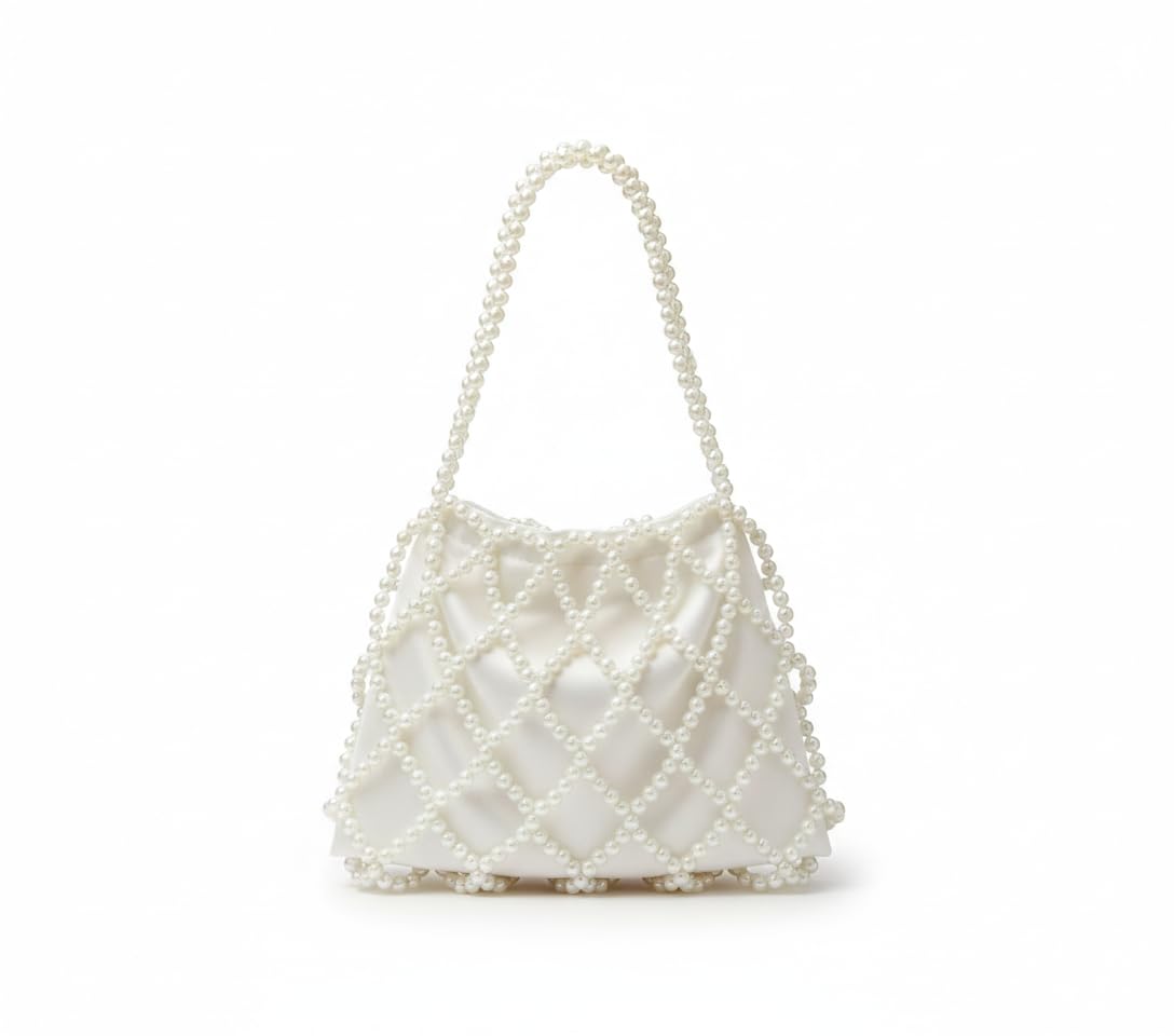 Elegant White Satin Evening Handbag with Pearl Lattice Overlay – Bridal Clutch, Wedding Purse for Bride and Bridesmaids, Beaded Cage Top-Handle Bag