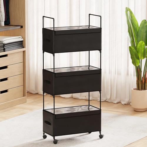 Image of Lukzer 3-Tier Clothes Organizer Basket with Wheels | Black Fabric Closet Storage Rack for Folded Clothes | Metal Rolling Wardrobe Shelf for Bedroom Closet & Laundry Room | 28x57x136 cm