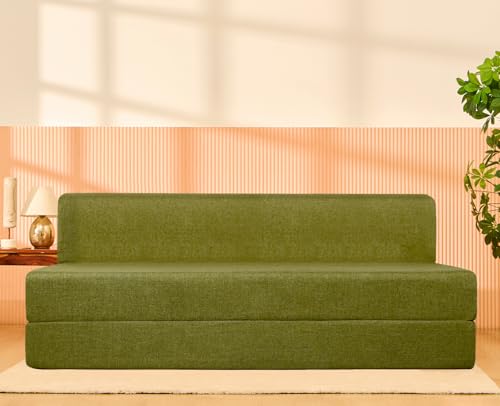 uberlyfe Basics 3 Seater Sofa Cum Bed | Jute Fabric Washable Cover | Olive Green | 6' X 6' Feet