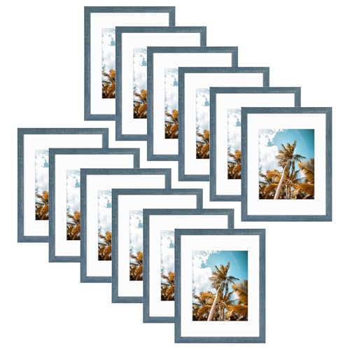 Image of Frametory, 11x14 Picture Frame with Mat for 8x10 Photo - High Definition Glass Wide Molding - Preinstalled Wall Mounting Hardware (Blue, 12 Pack)