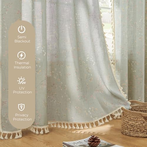 Image of Joydeco Linen Floral Boho Curtains 84 Inch, 2 Panels with Tassels | Super Soft Farmhouse Drapes, Semi Sheer Light Filtering, Natural Look for Bedroom Living Room, Modern Boho Decor