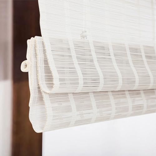 Sunbox Cordless Blackout Bamboo Roman Shades, Lined Natural Wood Woven Roll up Window Blinds with Valance, Whitewash Bamboo Shades for Home, Color 11