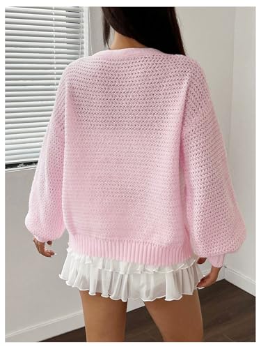 Image of BEAUDRM Women's Button Front Cardigans Drop Shoulder Hollow Out V Neck Long Sleeve Knitted Sweaters Pink Small