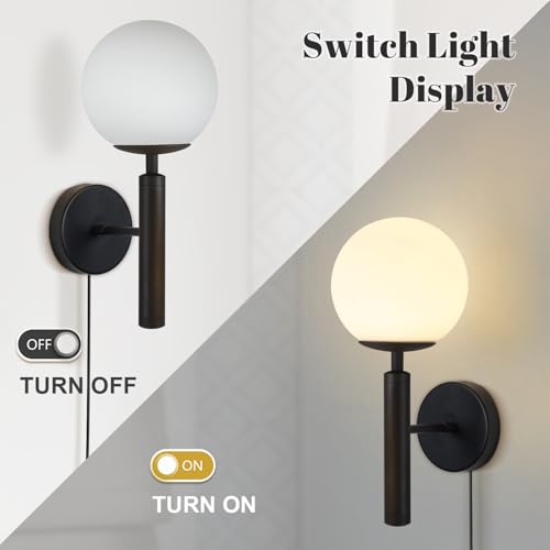 Image of KCO Lighting Plug in Wall Sconce Light Black Vintage Industrial Wall Light White Glass Shade Bedside Wall Lamp for Bedroom Stairs Hallway(Black Plug in)