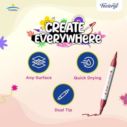 Image of Fevicryl Multi-Surface Dual Tip Markers - 24 Vibrant Colors | Works on Wood, Metal, Plastic, Glass, Ceramic, Fabric & More | Quick-Dry, Fade-Resistant, Ideal for DIY & Professional Art