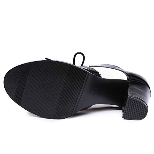 Odema Botas de cano curto femininas de salto alto Oxford com cadarço e ponta de asa, Black/White, 8.