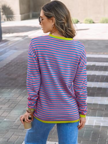 Image of LILLUSORY Womens Striped Soft Knit Pullover Sweater Loose Fit Shirts with Chest Pocket