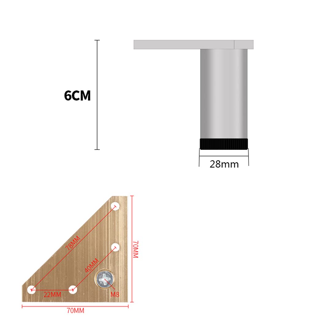 Stopki meblowe ze stopu aluminium, nogi metalowe, regulowane podpórki, wymienne podstawki do kanapy, biurka i łóżka, szare, 4 sztuki (6 cm)