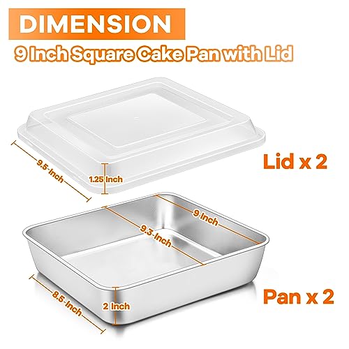Image of TeamFar 9 x 9 Inch Square Cake Pan, Stainless Steel Square Baking Pan with Lid for Brownie Lasagna, Non-Toxic & Heavy Duty, One-Piece & Smooth, Dishwasher Safe & Easy Clean (2 Pans + 2 Lids)