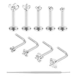 Tucnoeu 10 aretes de nariz sin rosca y anillos de nariz en forma de L, aretes de acero quirúrgico 316L, aretes de cartílago de circonita cúbica, hélice, tragus, caracola, labret, labret, labio, juego