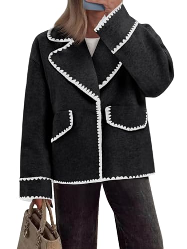 Cicy Bell Womens Cropped Wool Jacket Embroidered Contrast Trims Blazer Fall Short Pea Coat with Pockets