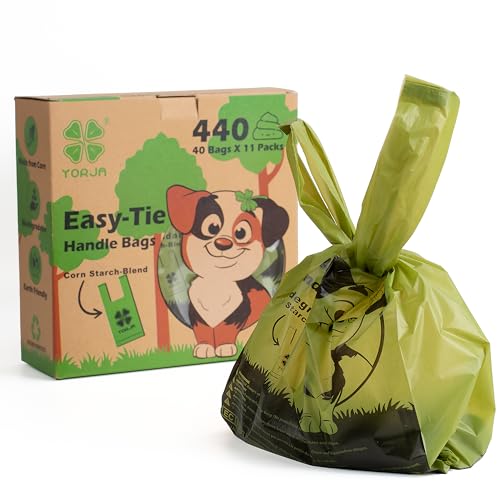 YORJA Tie Handles Dog Poo Bags, 440 Pet Poop Bags, Thick and Strong 100% Leak-Proof Biodegradable Cat Litter Waste Bags (Green)