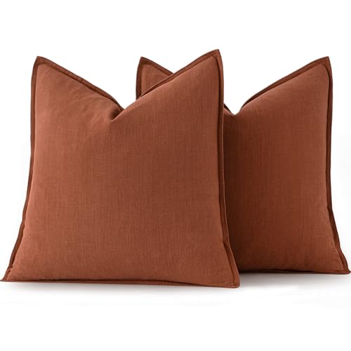 Image of MIULEE Decorative Linen Pillow Covers 18x18 Inch Rust Boho Farmhouse Neutral Couch Throw Pillows for Bed Pack of 2 Accent Modern Pillowcase Summer Sofa Livingroom Home Decor