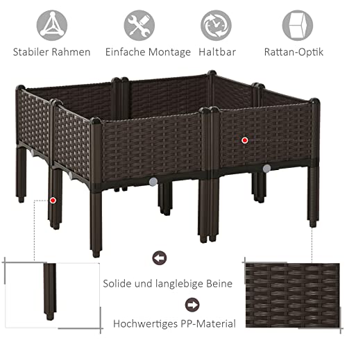 Foto von Outsunny Hochbeet 4-teiliger Pflanzkasten mit Abflusslöchern Rattan-Look Blumenkasten DIY Braun 40 x 40 x 44 cm