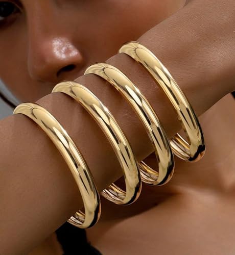 Image of Chunky Gold Bangle Bracelets for Women, Dainty 14k Gold Plated Big Stackable Bangles Set, Trendy Statement Cuff Bracelet Stack Fashion Jewelry Gifts
