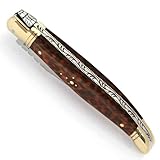 ⭐▹Manche en bois d’Amourette ▹2 mitres et 2 platines en laiton massif ▹Lame acier inoxydable 12C27 ▹Dureté de 56-57 Hrc ▹Ressort guilloché en acier inoxydable d'une épaisseur de 3 mm ▹Poids : environ 90 grammes ▹Fabrication Française Artisanale ▹Emballé dans une boite cadeau noire aimantée ▹Livré avec garantie à vie et un certificat d'origine