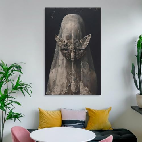 Veiled Woman Moth Gothic Canvas Printing Wall Art Prints Posters Wall Decor Dark Academia Witchy Aesthetic Occult Moody Portrait For Living Room Bedroom Home Office Study 12x18inch(30x45cm) by Generic - Used condition - Image 6